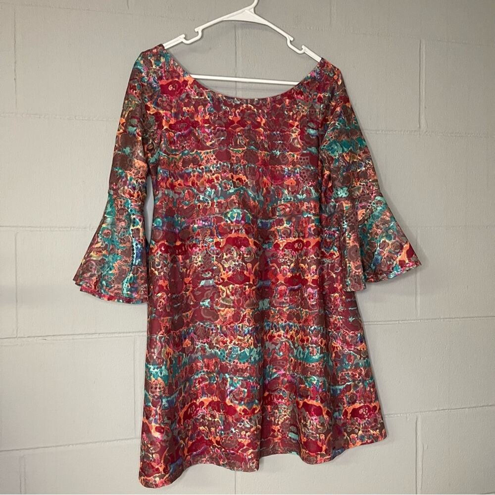 Judith March Bell Sleeve Rainbow Mini Dress Criss Cross Back Women’s Size Medium - Picture 2 of 10